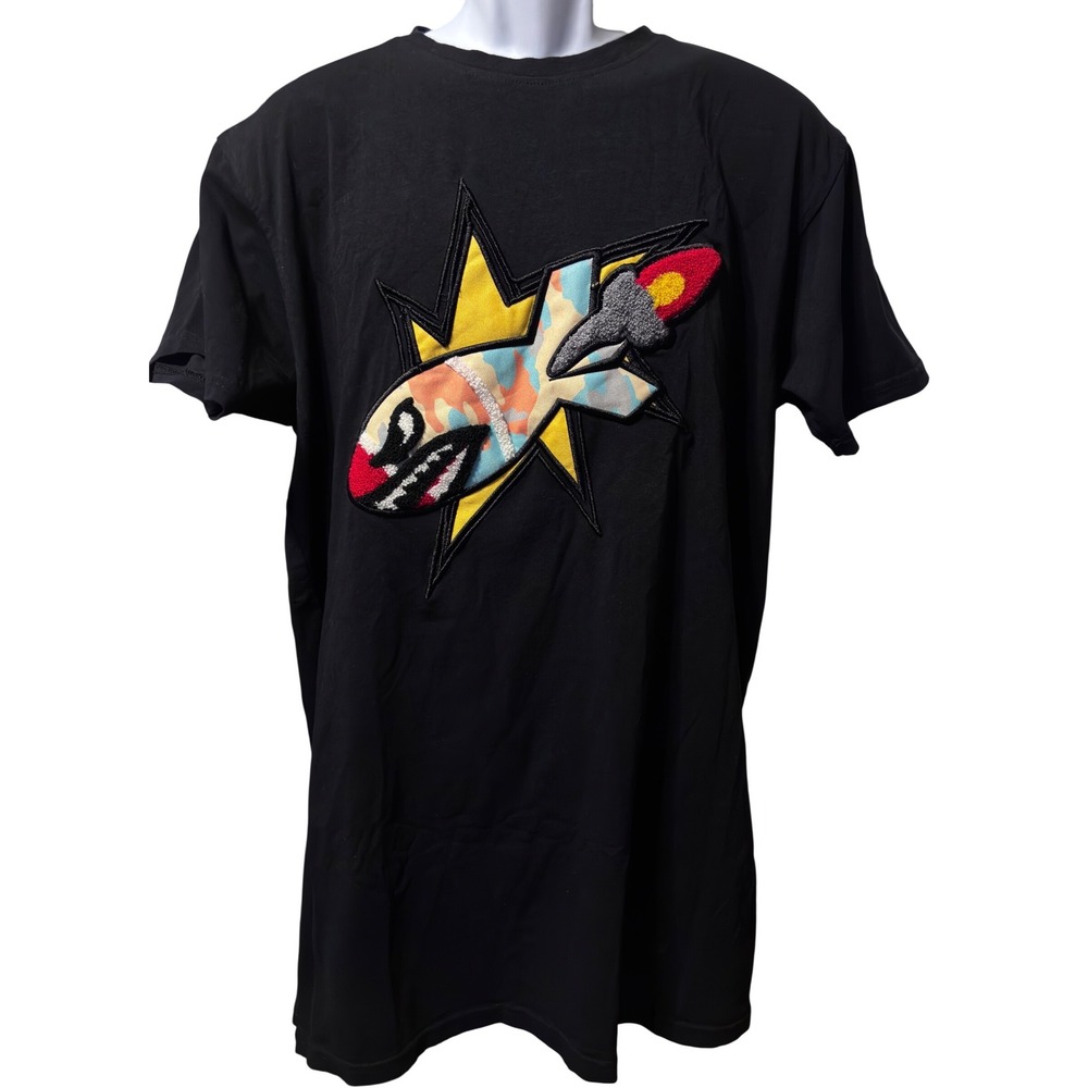 Bleecker & Mercer Rocket Graphic T-Shirt Mens Black Excellent Chenille Applique‎